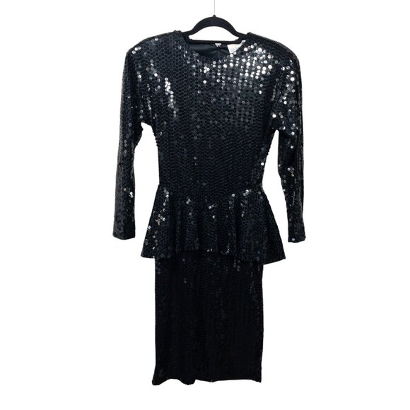 Vintage Black Sequin Peplum Long Sleeve Dress By Chaozhou Hand Stitched Embroide - Picture 1 of 11